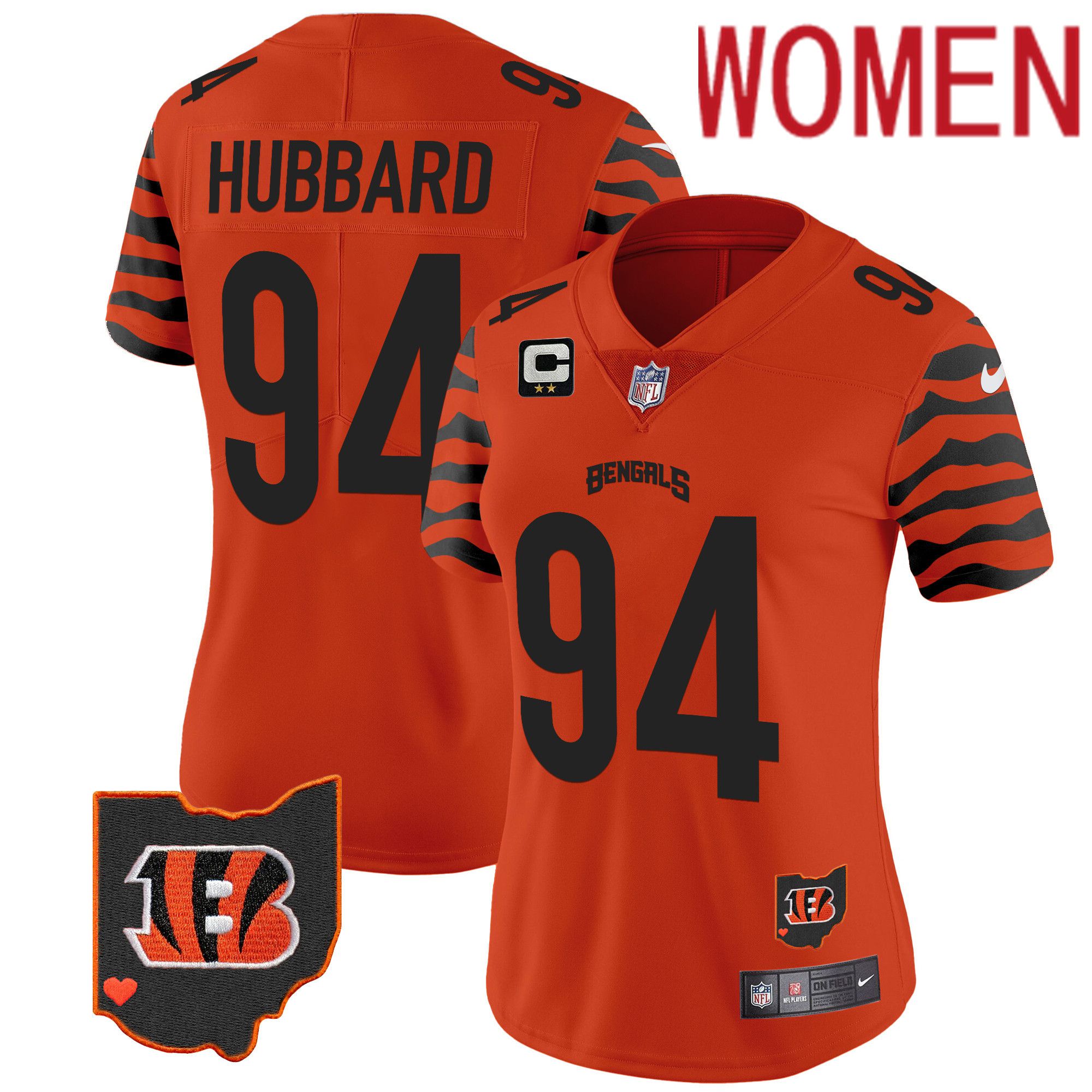 Women Cincinnati Bengals 94 Hubbard Orange 2024 Nike Stripes Vapor Limited NFL Jersey